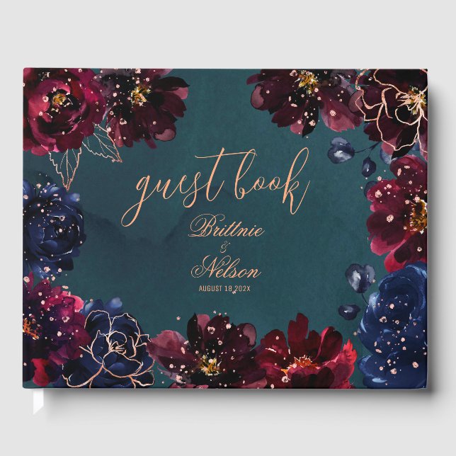 Aquamarin Bordeaux Sapphire Jewel Tone Rose Gold Gästebuch (Vorderseite)