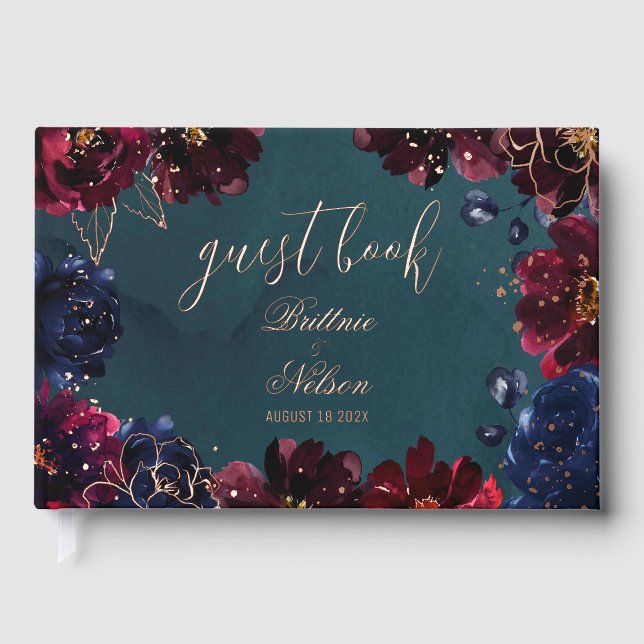 Aquamarin Bordeaux Sapphire Jewel Tone Rose Gold Gästebuch (Vorderseite)