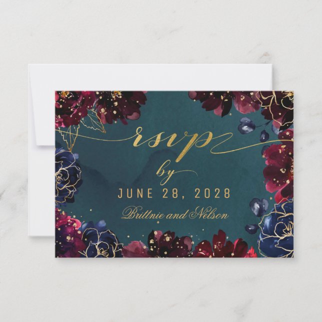 Aquamarin Bordeaux Sapphire Jewel Tone UAWG RSVP Karte (Vorderseite)