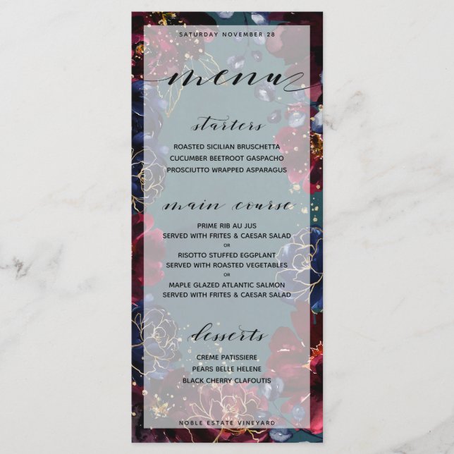 Aquamarin Bordeaux Sapphire Jewel Tone Wedding 2 M Menükarte (Vorderseite)