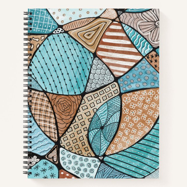 Aquamarin & Braun Doodle Art Spiralfilm Notizbuch (Vorderseite)