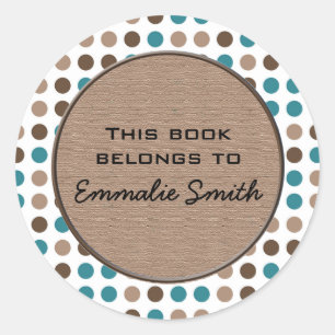 Aquamarin Brown Polka Dot Book Name Sticker