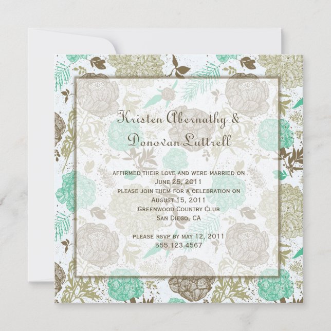 Aquamarin Brown Tan Olive Floral Abstrakt Post Wed Einladung (Vorderseite)