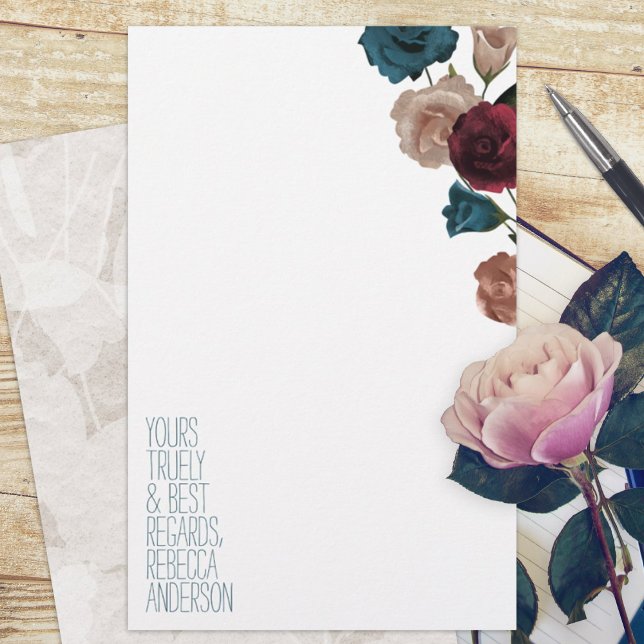 Aquamarin, Burgund, Beige Rose Persönliche Station (botanical rose garden burgundy teal roses budget personalized letter writing stationary paper sheets)