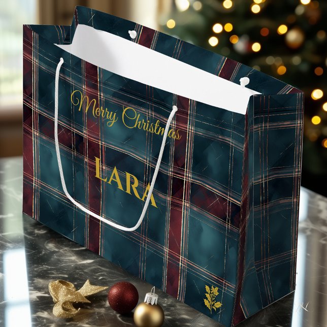 Aquamarin, Burgund und Gold Karierte Weihnachtszei Große Geschenktüte (Von Creator hochgeladen)