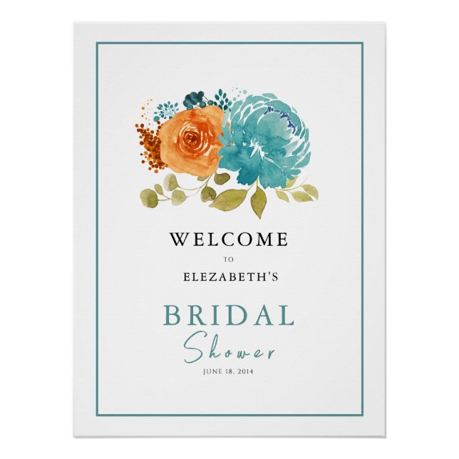 Aquamarin Burnt Orange Brautparty Hochzeit Willkom Poster (Vorderseite)