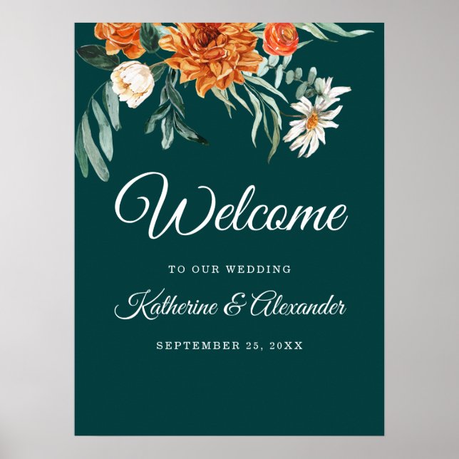 Aquamarin Burnt Orange Elegant Begrüßung der Blume Poster (Vorne)
