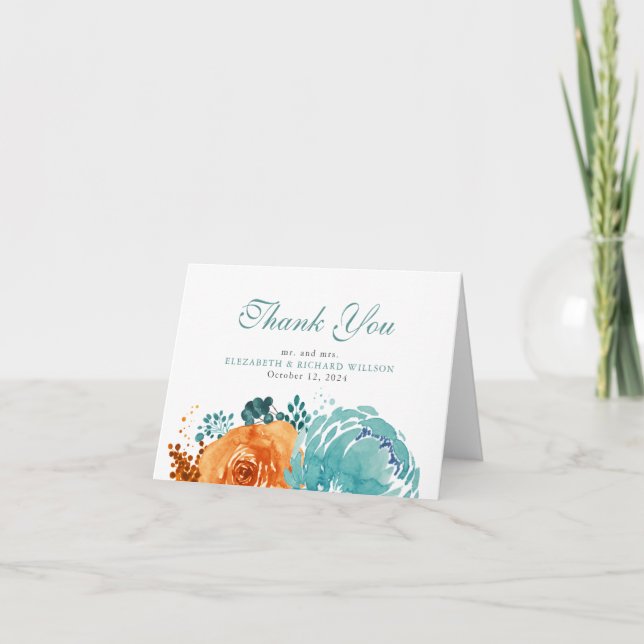 Aquamarin Burnt Orange Fall Floral Vielen Dank Dankeskarte (Vorderseite)
