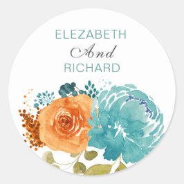Aquamarin Burnt Orange Floral Boho Runder Aufkleber