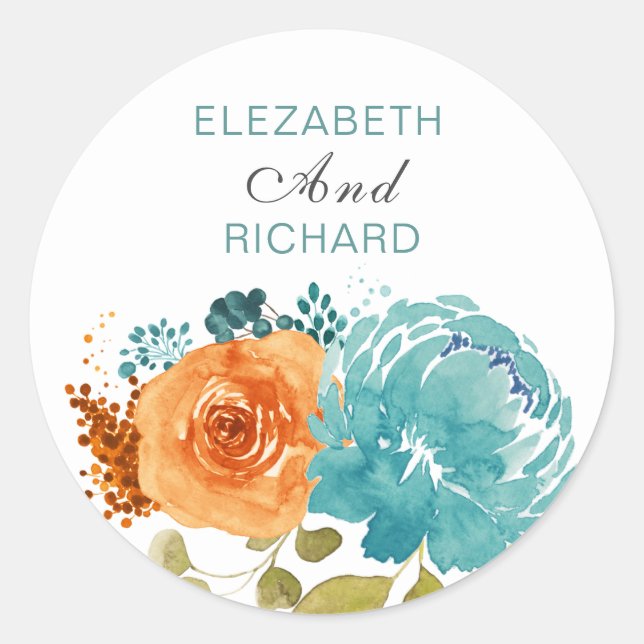 Aquamarin Burnt Orange Floral Boho Runder Aufkleber (Vorderseite)