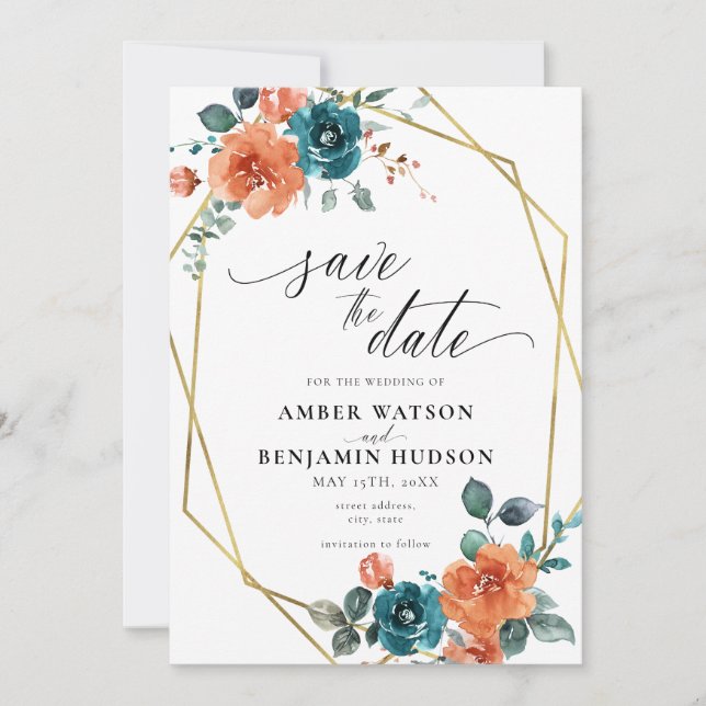 Aquamarin Burnt Orange Wasserfarbe Save the Date Einladung (Vorderseite)