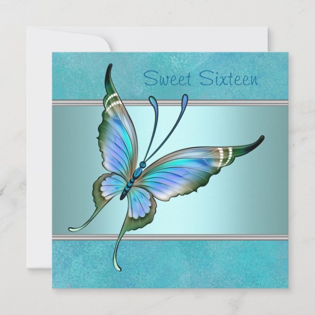 Aquamarin Butterfly Blue 16 . Geburtstag Party Einladung (Vorderseite)