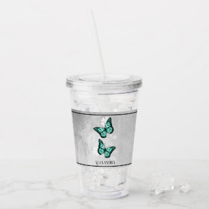 Aquamarin Butterfly Floral Personalisiert Acrylic  Acryltrinkbecher