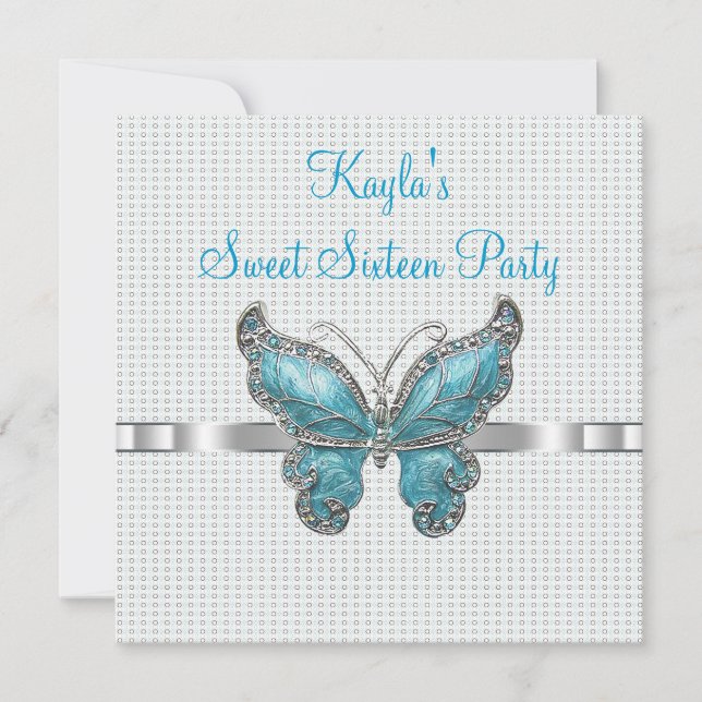 Aquamarin Butterfly Sweet 16. Geburtstagsparty Einladung (Vorderseite)