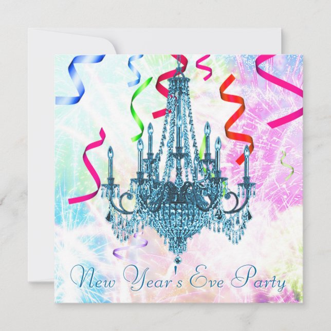 Aquamarin Chandelier Confetti Feuerwerk Silvester Einladung (Vorderseite)