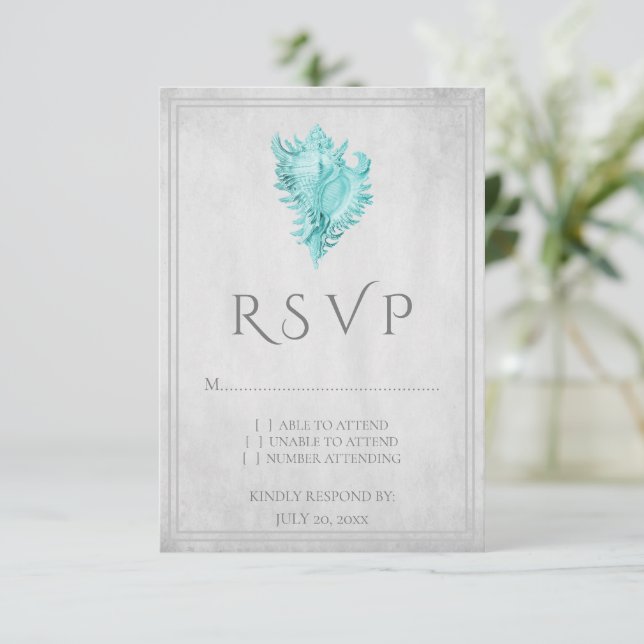 Aquamarin Conch Muschel Wedding RSVP Card Karte (Stehend Vorderseite)
