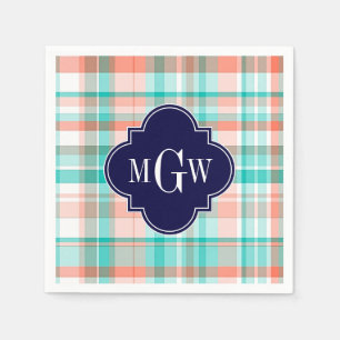 Aquamarin Coral White Preppy Monogram Serviette