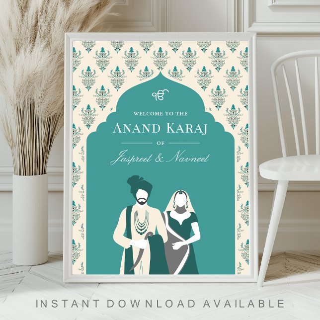 Aquamarin Cream Anand Karaj Sikh Wedding Begrüßung Poster (Von Creator hochgeladen)