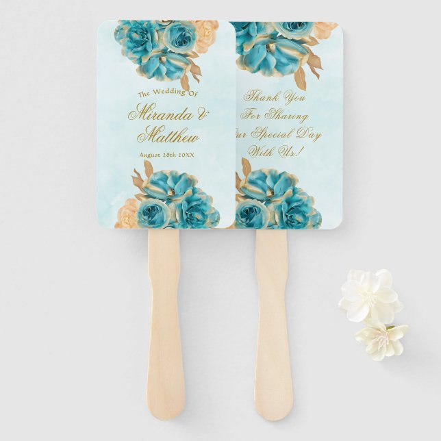 Aquamarin Creamy Gold Florals Hochzeit Vielen Dank Fächer (Vorne und Hinten)