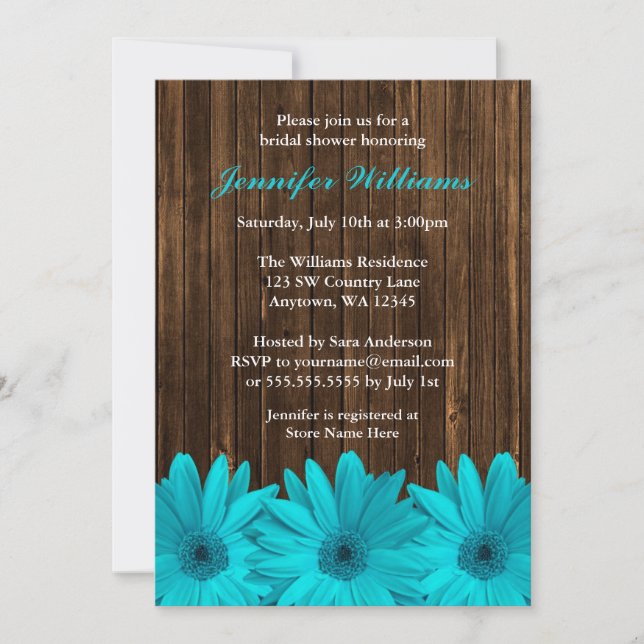 Aquamarin Daisy Barn Wood Bridal Dusche Einladunge Einladung (Vorderseite)