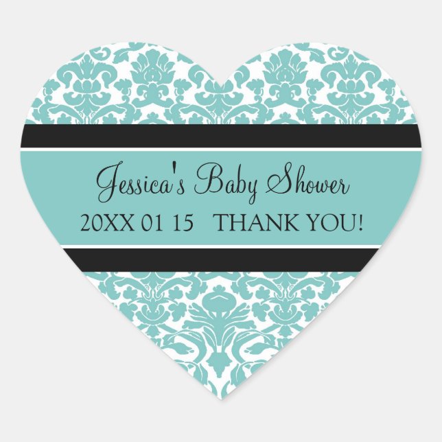 Aquamarin Damask Baby Dusche Pflegeaufkleber Herz-Aufkleber (Vorderseite)