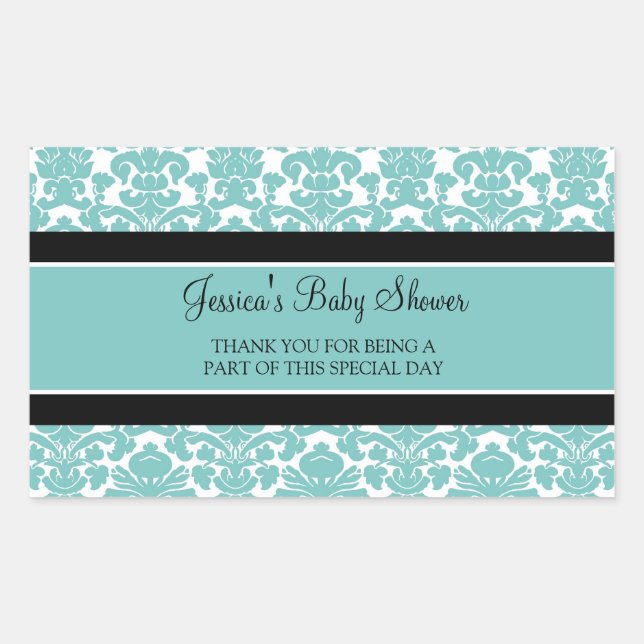 Aquamarin Damask Baby Dusche Pflegeaufkleber Rechteckiger Aufkleber (Vorderseite)