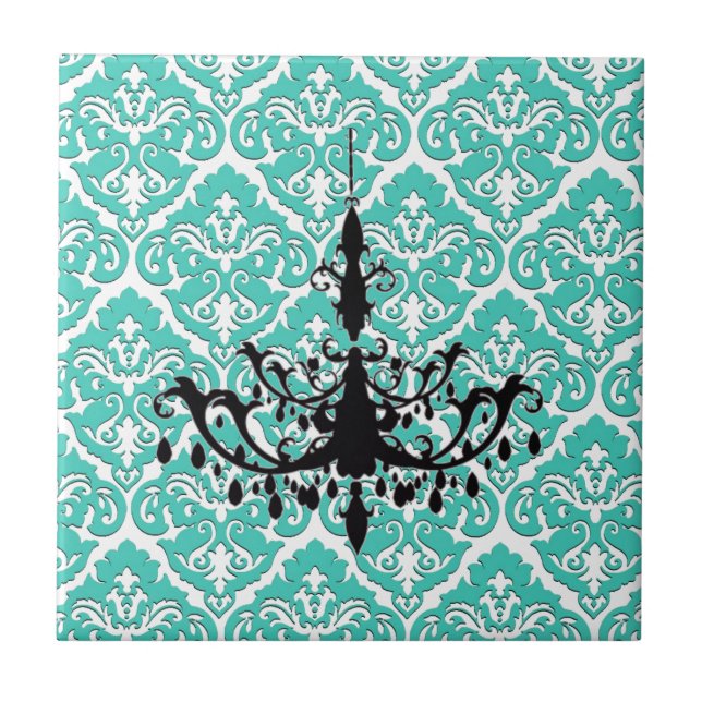 Aquamarin Damask Black Chandelier Fliese (Vorderseite)