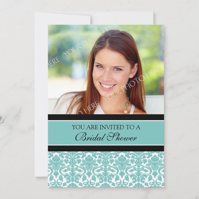 Aquamarin Damask Foto Bridal Dusche Einladungskart Einladung (Vorderseite)