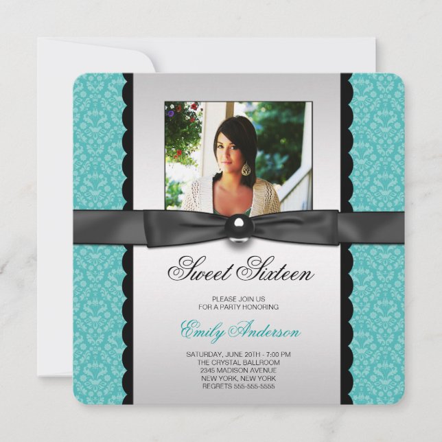Aquamarin Damask Foto Sweet 16 Party Einladung (Vorderseite)
