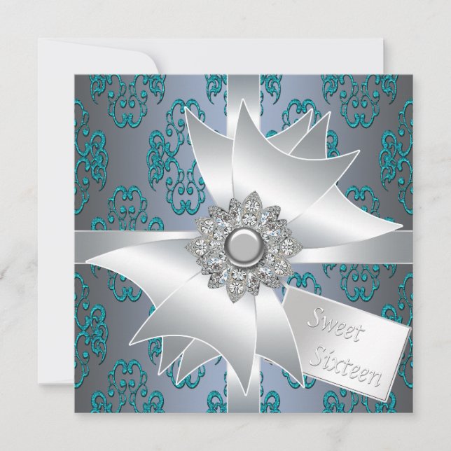 Aquamarin Damask Glitzer Gift 16 . Geburtstag Einladung (Vorderseite)
