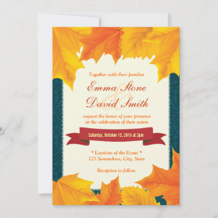 Aquamarin Damask Golden Blätter Hochzeit im Herbst Einladung