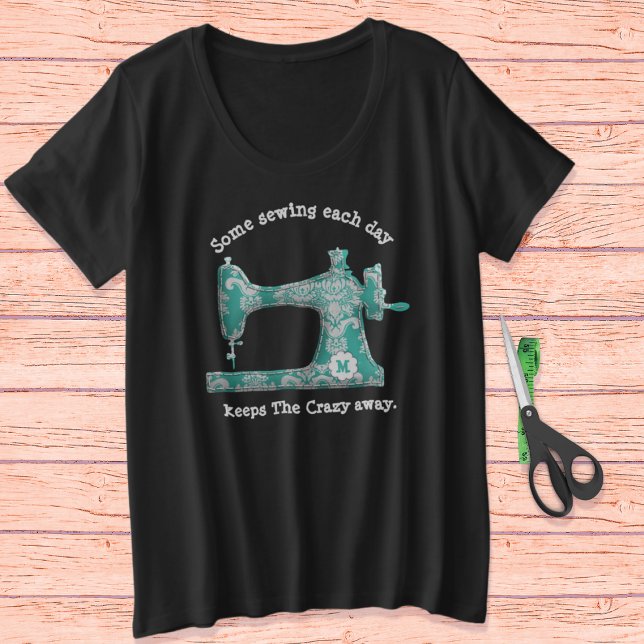 Aquamarin Damask Monogram Nähen Spaß T - Shirt (Von Creator hochgeladen)