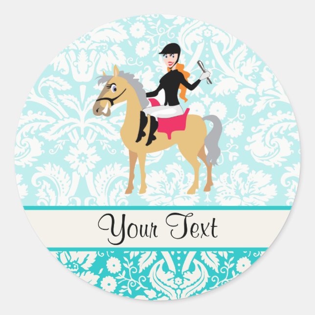 Aquamarin Damask Reittier Runder Aufkleber (Vorderseite)