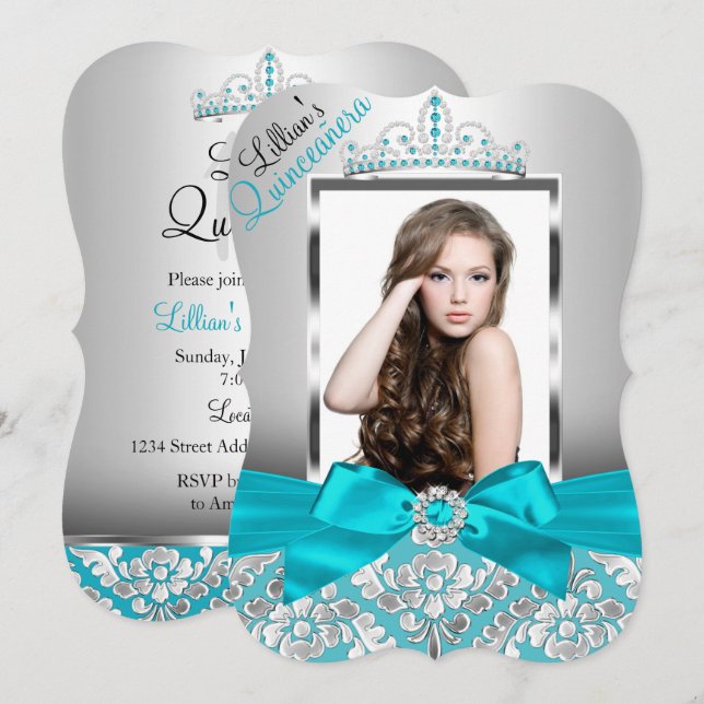 Aquamarin Damask Tiara Foto Quinceanera Einladung (Vorne/Hinten)