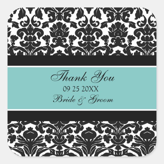 Aquamarin Damask Vielen Dank Gastgeschenk Hochzeit Quadratischer Aufkleber (Vorderseite)