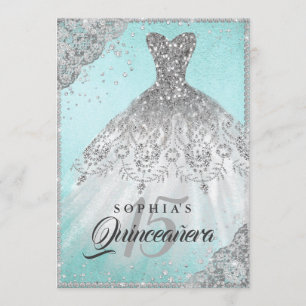 Aquamarin Diamond Lace Sparkle Gown Quinceanera Einladung