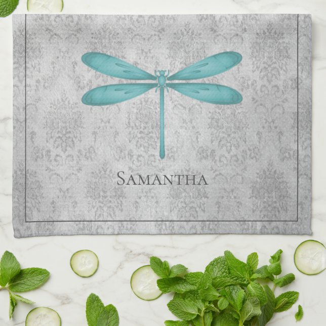 Aquamarin Dragonfly Damask Geschirrtuch (Gefaltet)