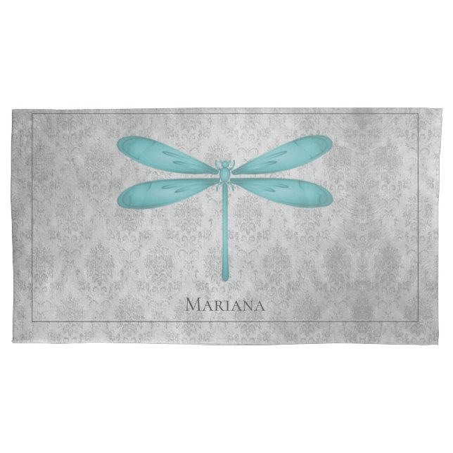 Aquamarin Dragonfly Damask Kissenbezug (Vorderseite)