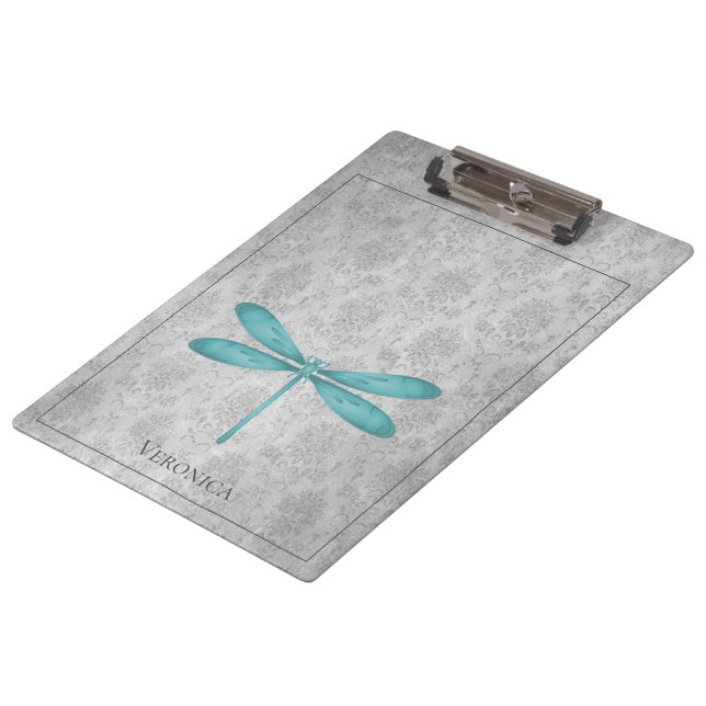 Aquamarin Dragonfly Damask Klemmbrett (Schrägansicht)