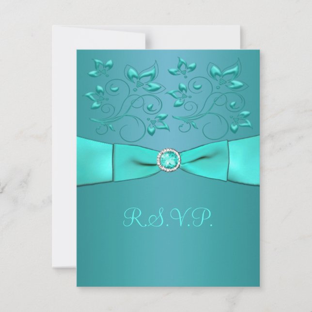AQUAMARIN DRUCKER RIBBON, Antwortkarte Aqua Floral RSVP Karte (Vorderseite)