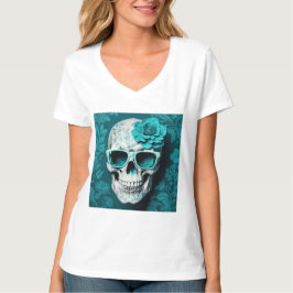 Aquamarin Floral 3D Toter Schädel mit Sonnenbrille T-Shirt