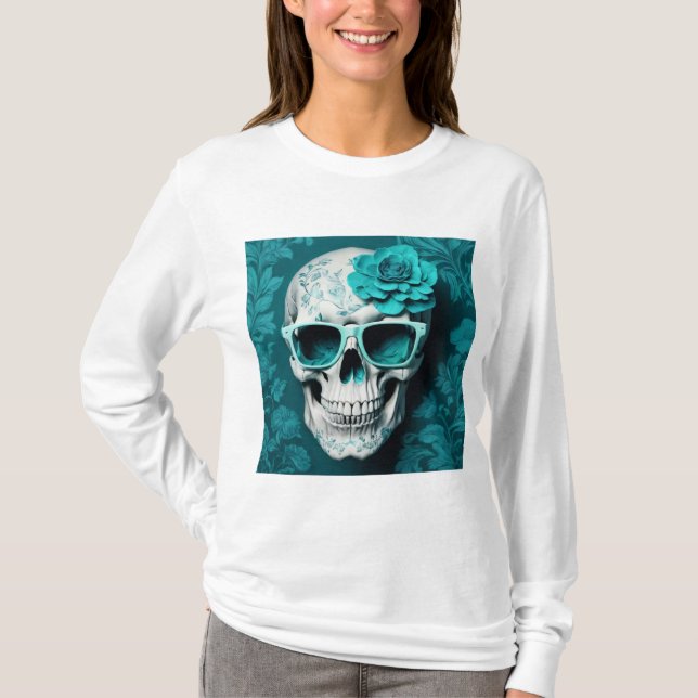 Aquamarin Floral 3D Toter Schädel mit Sonnenbrille T-Shirt (Vorderseite)