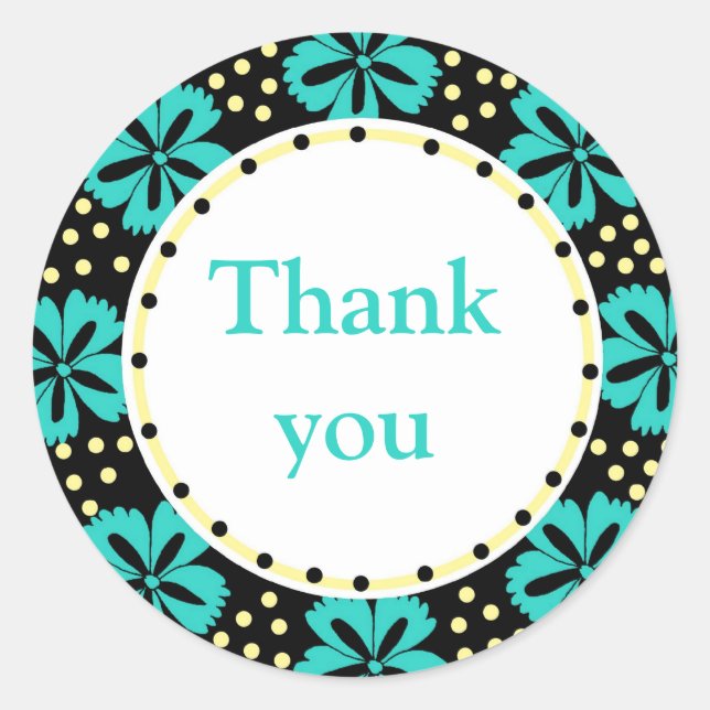 Aquamarin Floral Polka Dots:Danke Runder Aufkleber (Vorderseite)