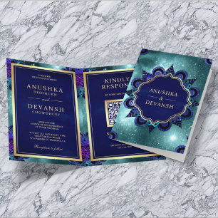 Aquamarin Galaxy Blue Mandala QR Code Indian Weddi Einladung