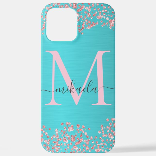 Aquamarin gebürstetes Metall Rose Gold Glitzer Mon iPhone 12 Pro Max Hülle (Rückseite)