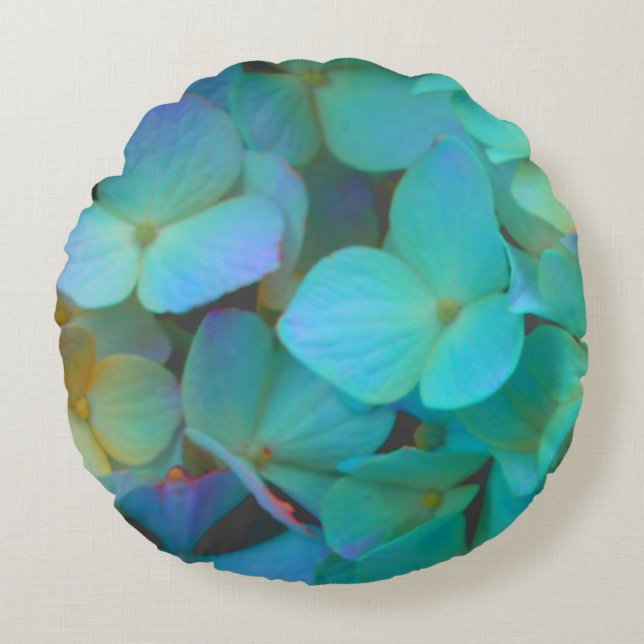 Aquamarin-gelb-rosa Hydrangeas Blume Rundes Kissen (Vorderseite)