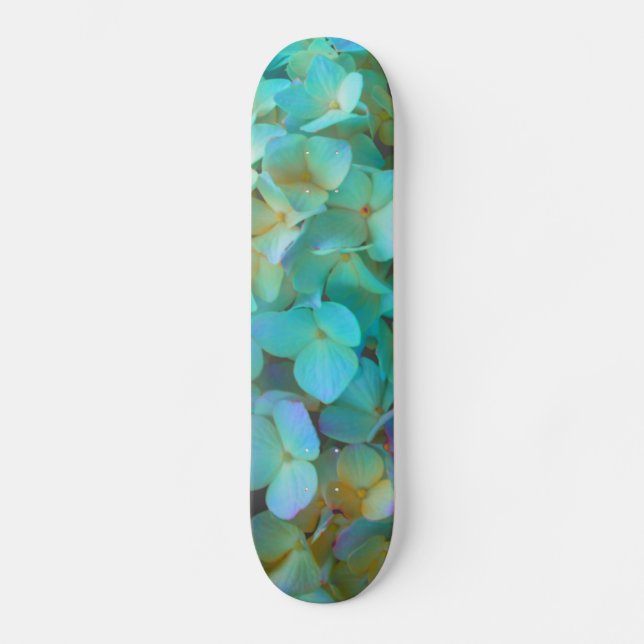 Aquamarin-gelb-rosa Hydrangeas Blume Skateboard (Vorderseite)
