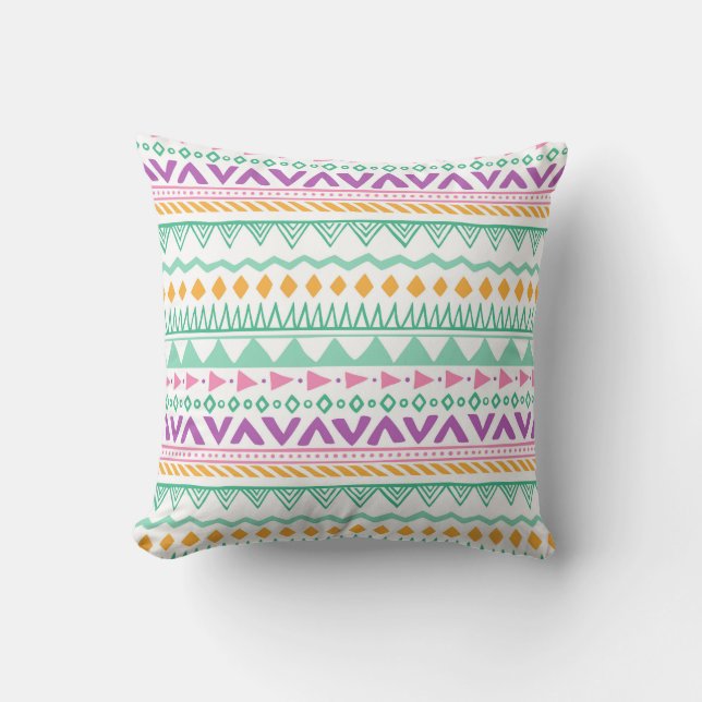 Aquamarin-gelb-rosa-Lila-Boho-Tribal Kissen (Vorderseite)