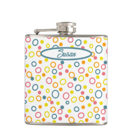 Aquamarin-gelb-rosa-orangefarbene Punkte Flachmann