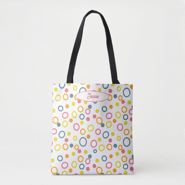 Aquamarin-gelb-rosa-orangefarbene Punkte Tasche (Vorderseite)